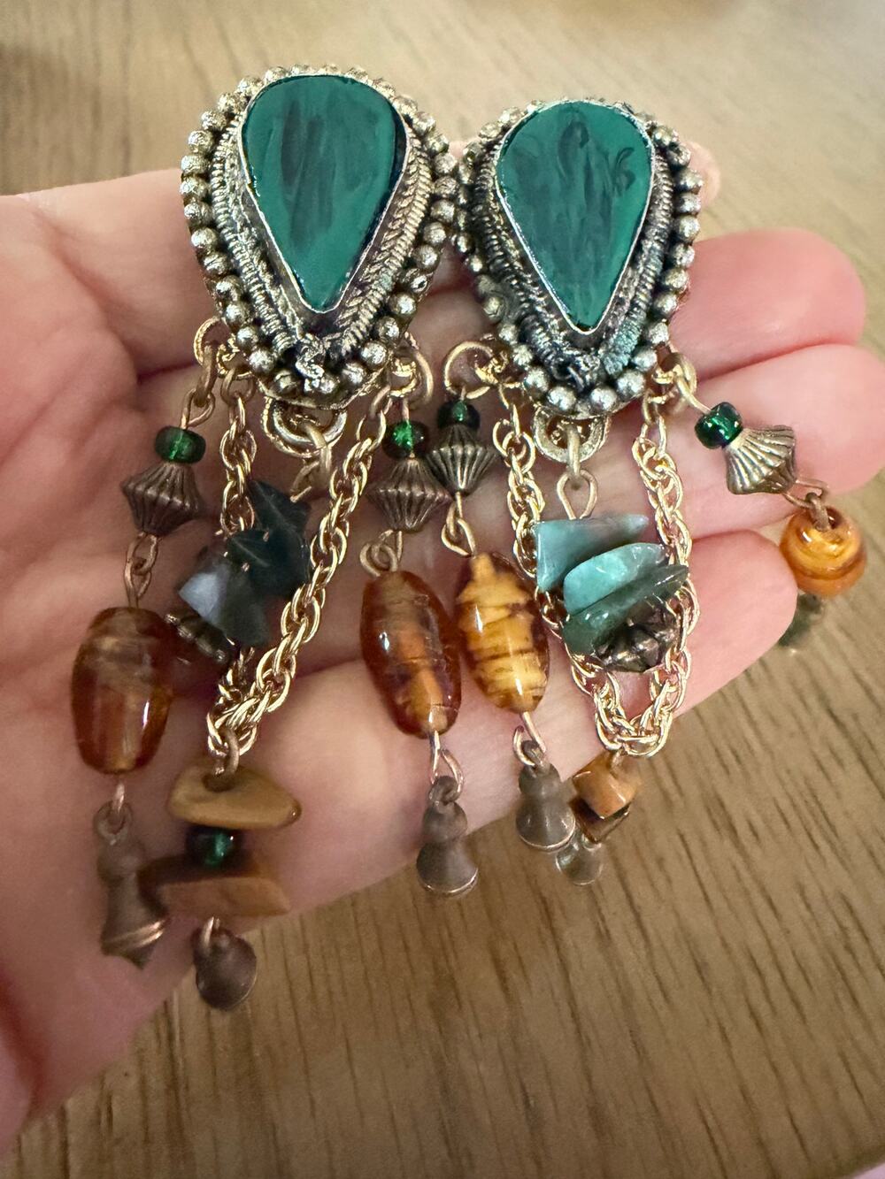 Vintage Green statement earrings textured teardrop green stone cascading dangles